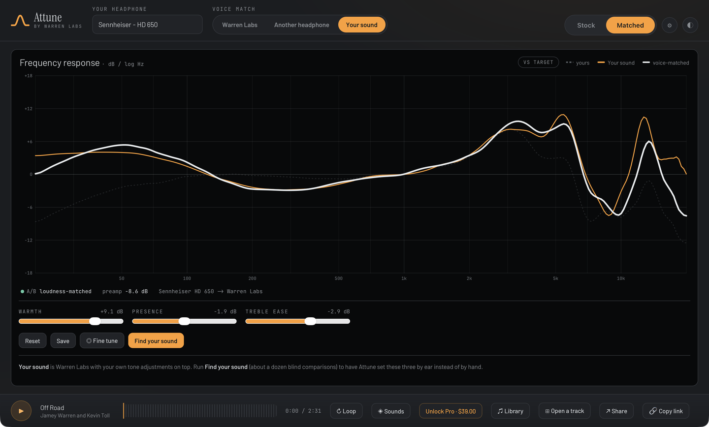 Attune's main screen: the frequency-response graph with your headphone, the target and the voice-matched curve, over warmth, presence and treble-ease sliders