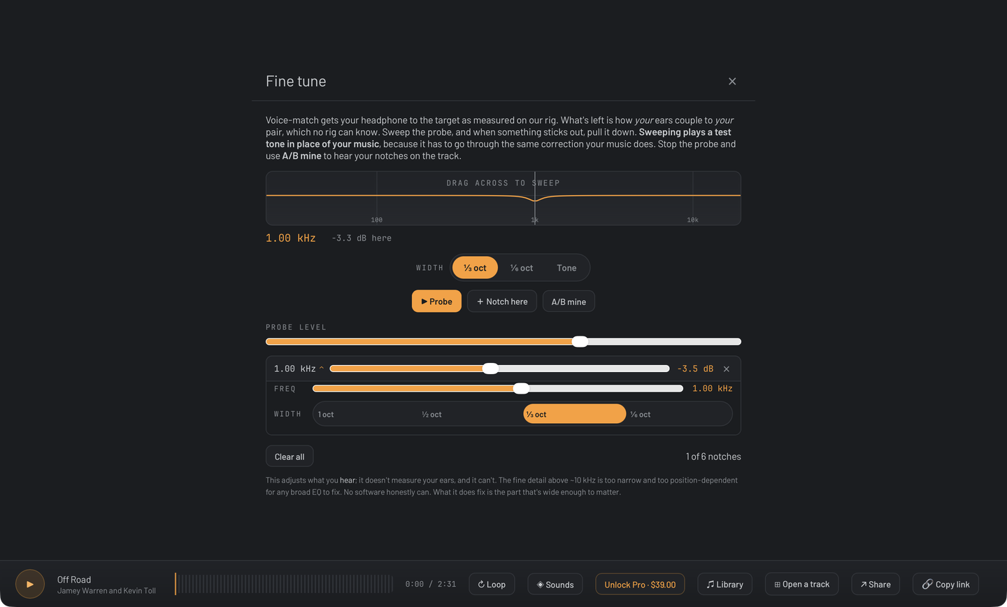 Attune's Fine tune panel: sweeping a probe across the spectrum and notching down what sticks out