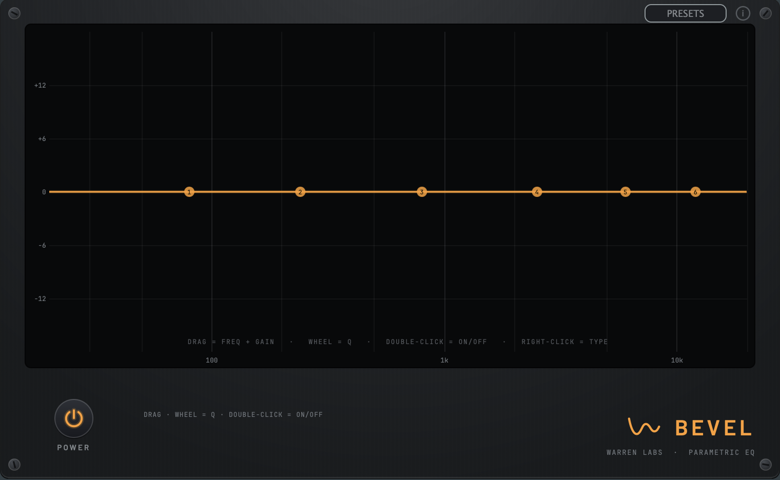 Bevel's faceplate: a six-band parametric EQ curve with draggable band handles over a ±12 dB grid