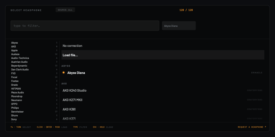 Level's headphone library with a MEASURED BY column