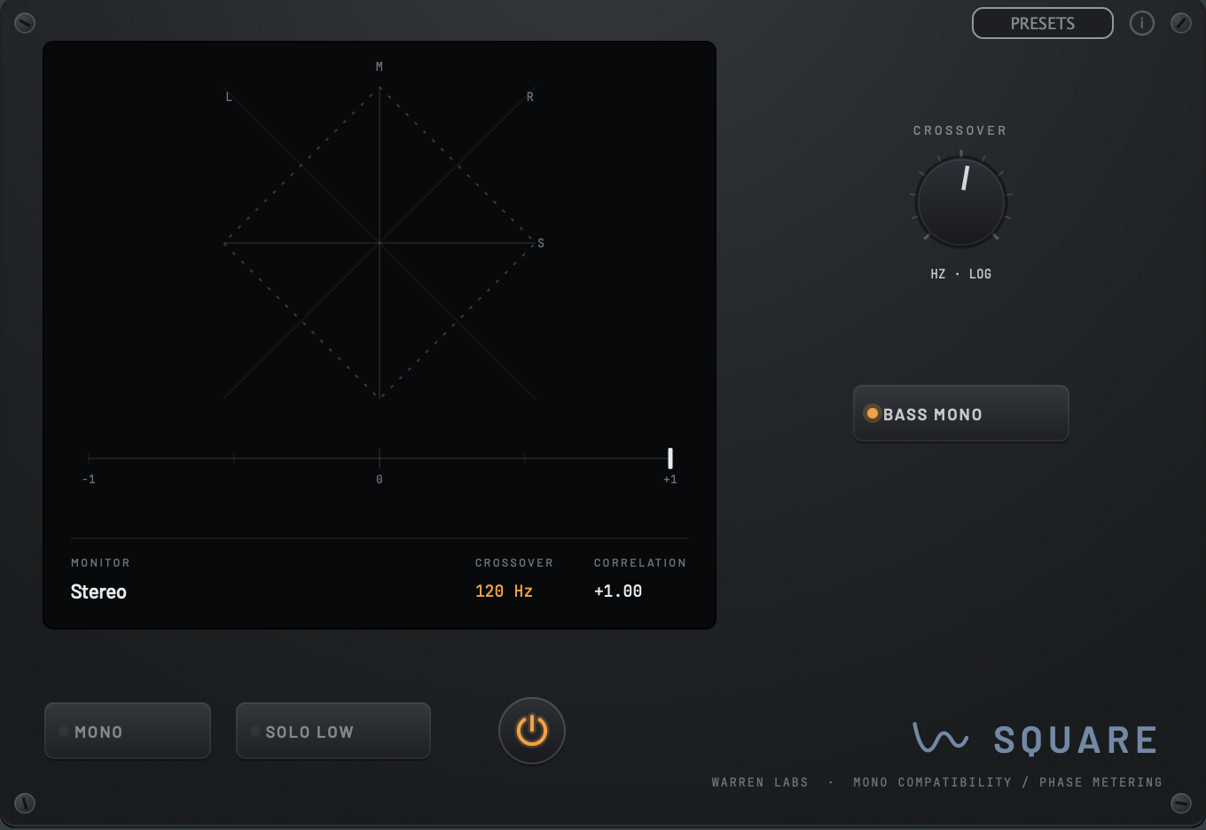Square's faceplate: goniometer, correlation meter, crossover readout and BASS MONO engaged