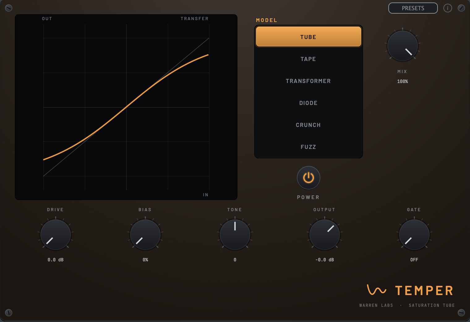 Temper's faceplate: saturation transfer curve with all six models listed, Tube selected