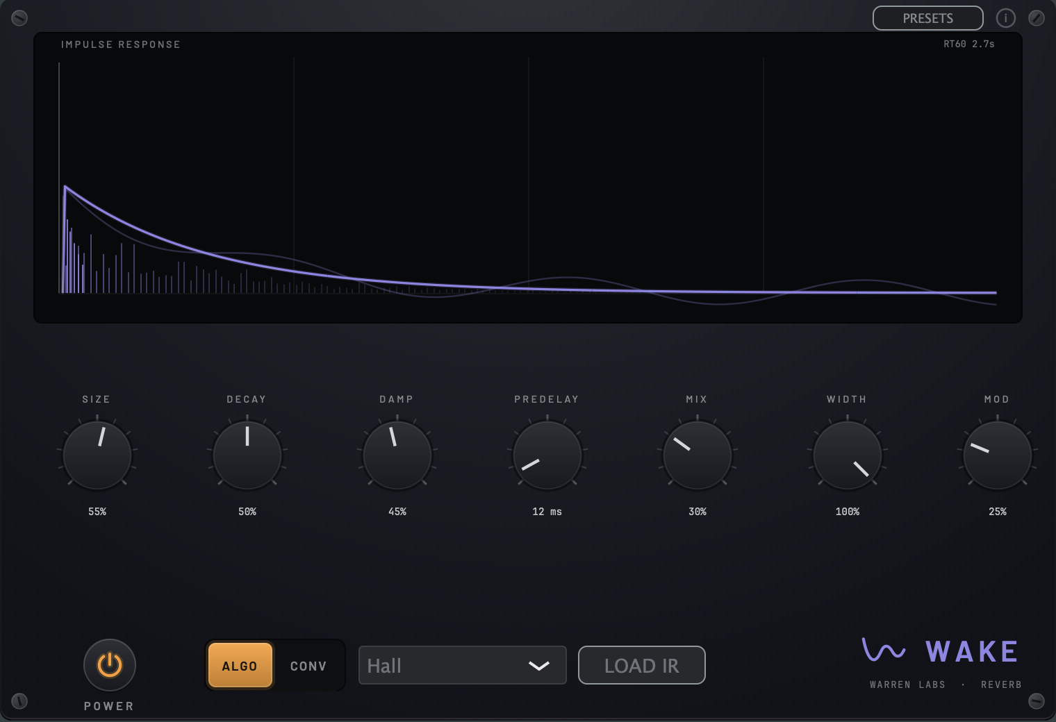 Wake's faceplate: impulse response display with RT60 readout, Hall preset, and the algorithmic/convolution toggle